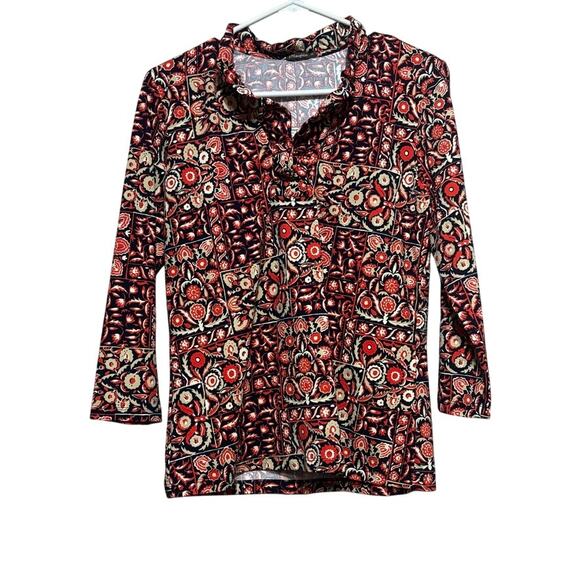 J. McLaughlin Tops - J. McLaughlin Durham Catalina Cloth Red Medallion Ruffle Collar Top 3/4 Sleeve M
